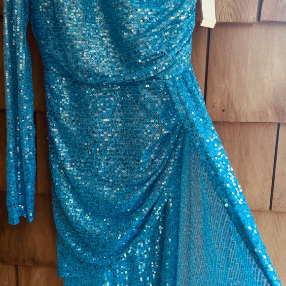 Xtraordinary One Shoulder Sequin Wrap Drape Mini Dress Blue Size 5 - Picture 10 of 16